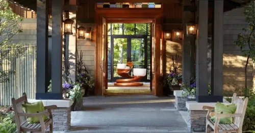 Outdoor walkway leading to spa at the Lodge at Woodloch